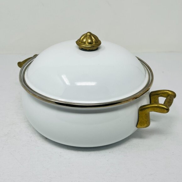 Vintage 1.5qt 6-Cups Bon Chef White Enamelware Pot & Lid w/Brass Handles Serving - Picture 3 of 12
